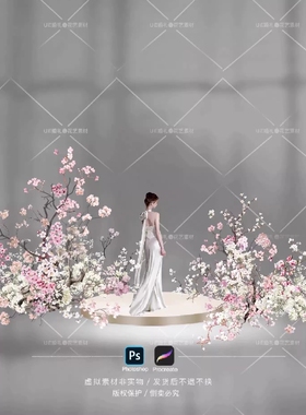 B008樱花花艺素材合影区舞台婚礼效果图粉白色迎宾区订婚宴布景