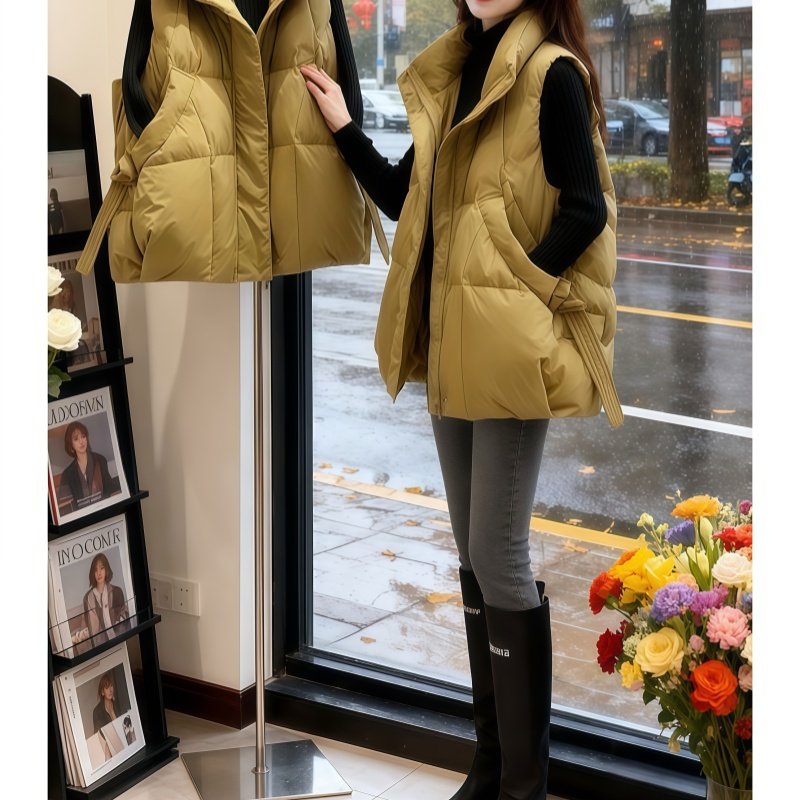 罗芬面料故事旗舰店女装冬加厚羽绒马甲搭高领打底衫搭牛仔铅笔裤