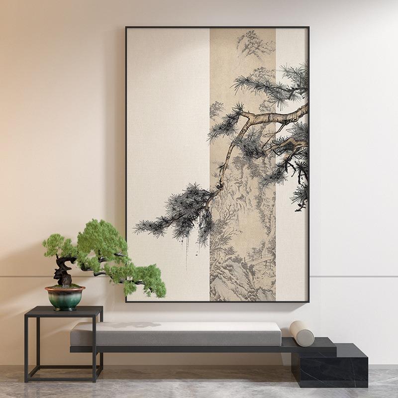 新中式禅意装饰画客厅玄关书房茶室软装样板房松树山水迎客松挂画图片
