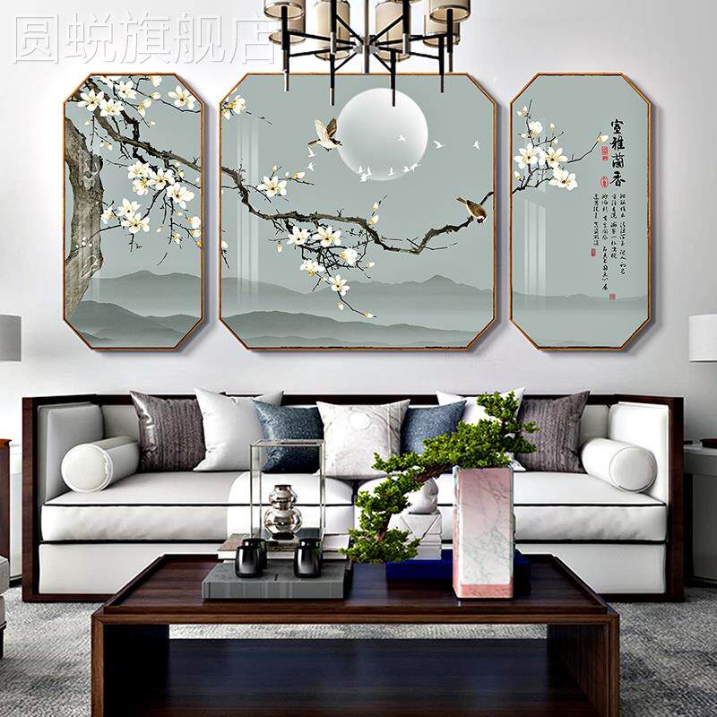 新款客餐厅沙发背景墙装饰字画梅桃花鸟三联组合玄关茶楼室壁挂免