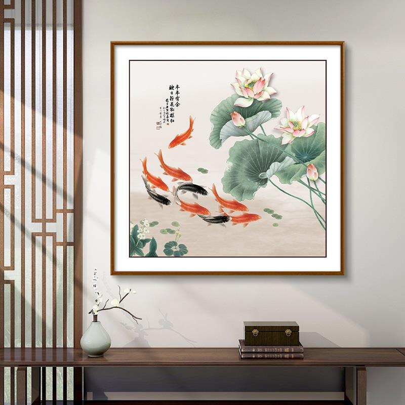 网红九鱼图聚财餐厅吃饭厅歺厅装饰画玄关墙面复古挂画新中式客厅图片