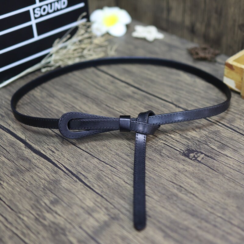 腰带女真皮牛皮黑色时尚百搭打结小皮带装饰配连衣裙西装衬衫风衣