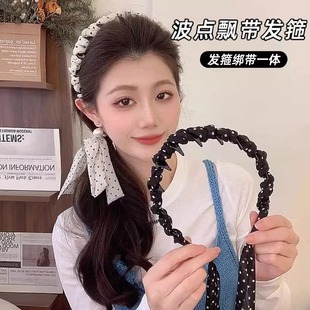 后戴式发箍蝴蝶结波点绑带头箍一体长飘带发带高颅顶发捆日常外戴