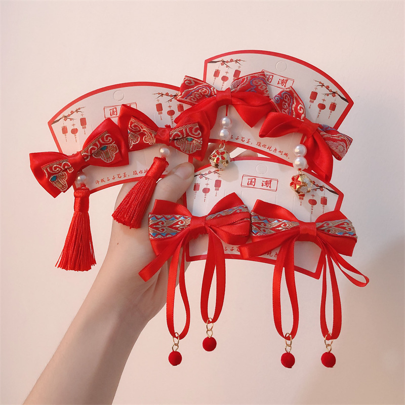 儿童中国风红色蝴蝶结流苏发夹