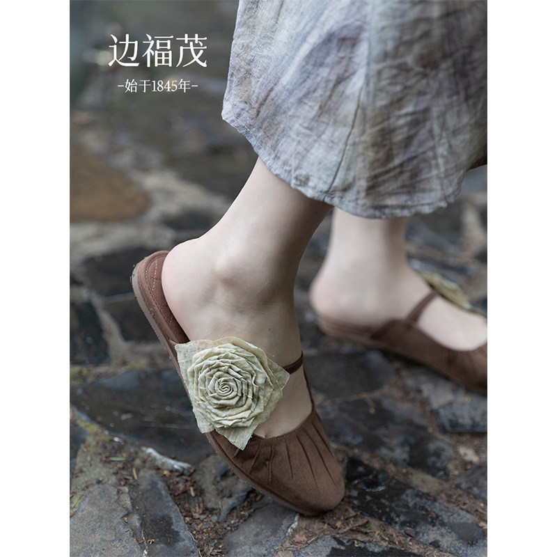 边福茂2026春夏季手工鞋千层底软底配裙子女款玫瑰花凉鞋女鞋拖鞋