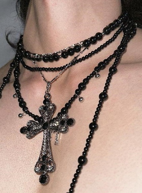 黑石钛钢项链重工哥特朋克多层choker叠戴复古黑吊坠十字架项链