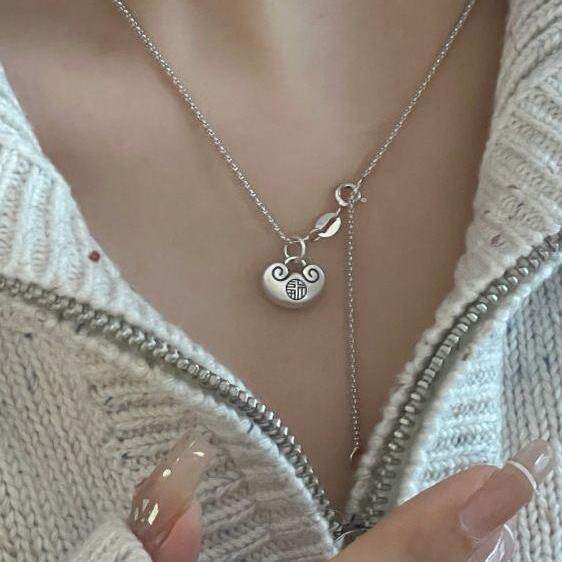 招财转运平安福复古做旧纯银平安锁女款项链长命锁锁骨链元宝吊坠