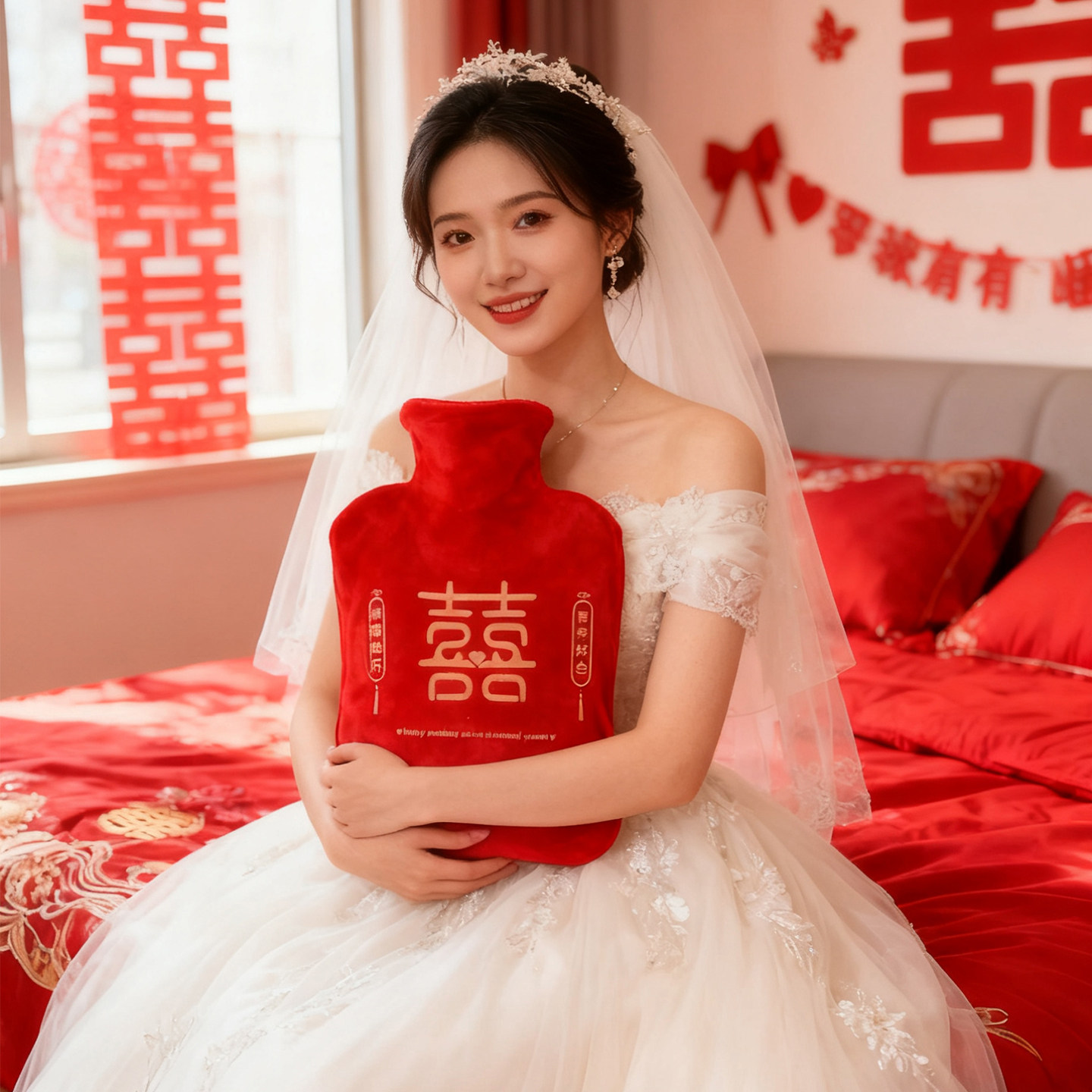 红色喜字热水袋新娘结婚用品婚房装扮订婚注水冲水暖水袋防爆暖宫