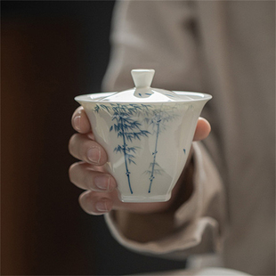 尚品阁丨手绘青花竹子盖碗茶杯家用薄胎陶瓷泡茶碗单个功夫茶具