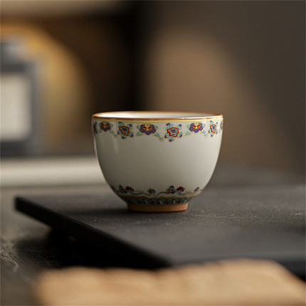 中式米黄汝窑国潮敦煌茶杯功夫茶具家用陶瓷开片可养品茗杯单杯