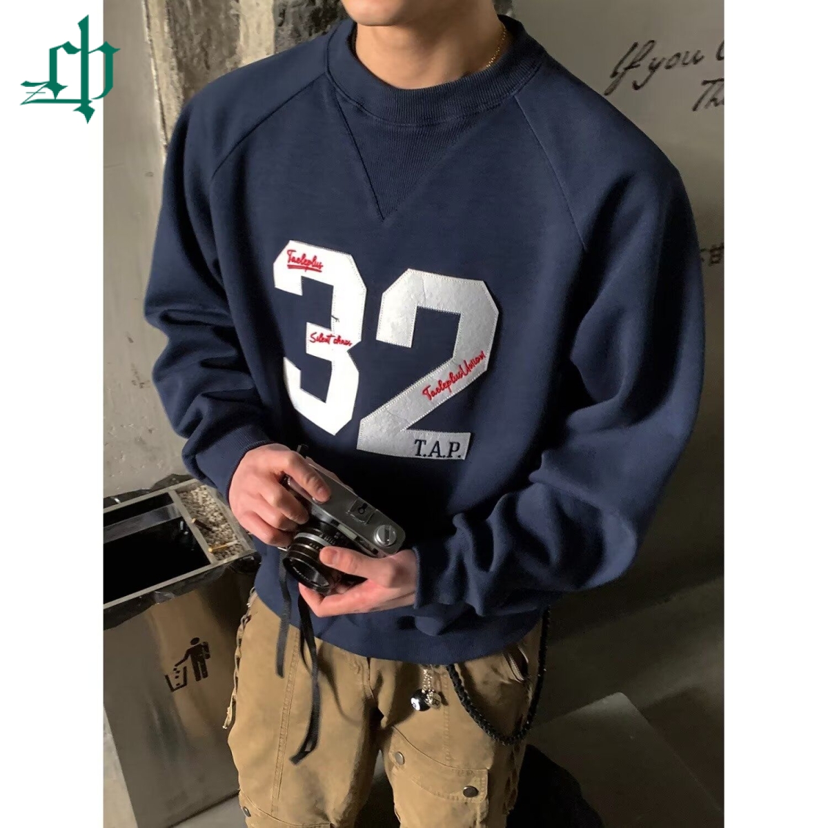 PLTH*美式复古数字贴布绣圆领球服卫衣男宽松百搭高级感运动上衣