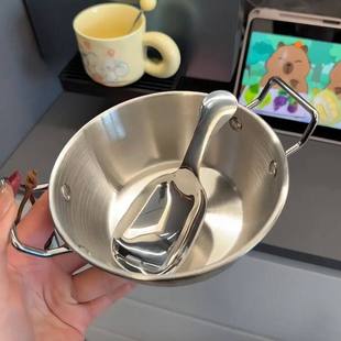 304不锈钢碗超萌可爱双耳碗喝汤嗦粉勺子精致网红早餐麦片米酒碗