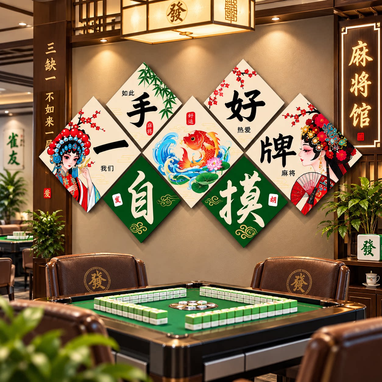 网红麻将馆棋牌室墙面装饰壁画纸雀房文化包厢主题创意标语国潮风
