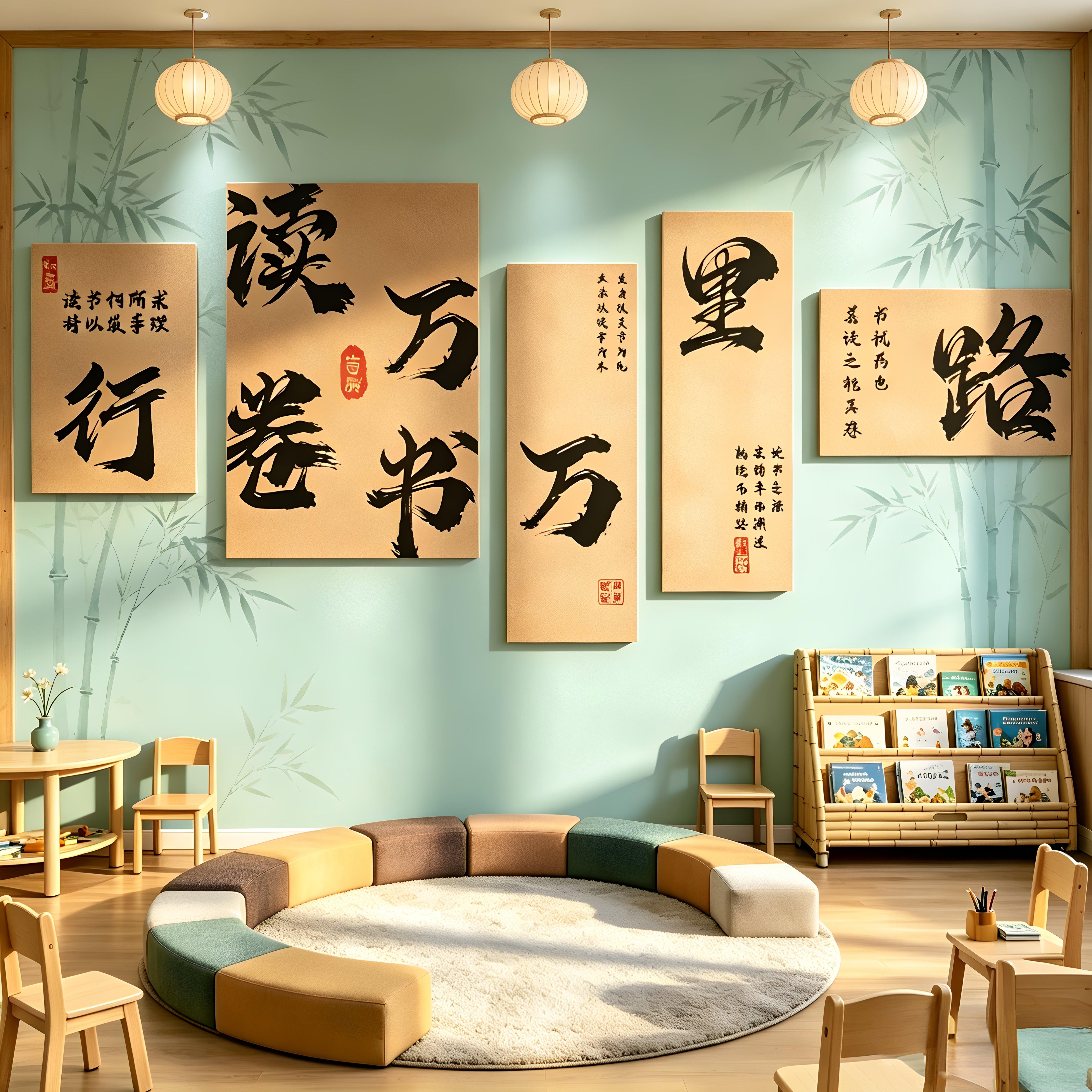 读书角布置装饰阅览室儿童绘本馆班级教室文化墙贴国风书法字画