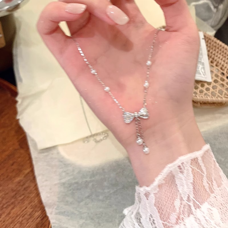 珍珠蝴蝶结流苏项链女202