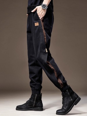 意大利高端重磅拼接美式工装休闲裤男春季新款宽松大码束脚长裤子