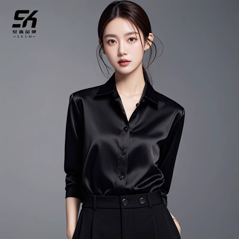 黑衬衫女2025新款高级感轻奢长袖秋冬季职业正装法式小众百搭衬衣