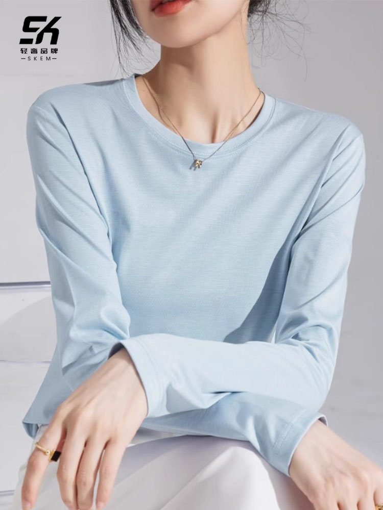 长袖T恤女款2025秋冬内搭厚款保暖蓝色圆领打底衫纯色外穿百搭T恤
