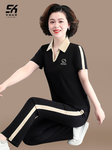 运动服套装女士夏季新款户外跑步休闲短袖t恤洋气上衣中年两件套