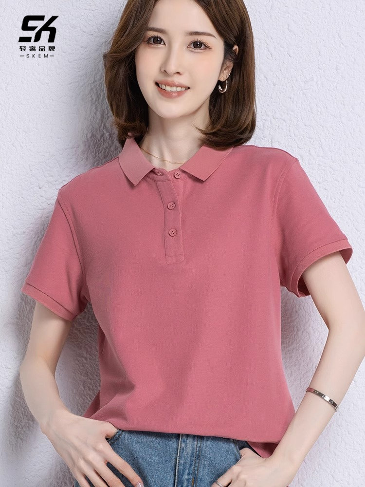 Polo衫短袖t恤女式2025夏季新款宽松翻领休闲纯色大码服装