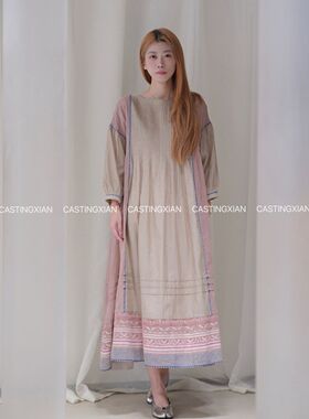 CASTING无隅｜EKA 圆领压褶复古花纹长袖连衣裙娃娃裙