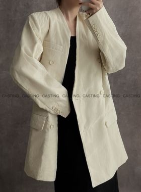 UMA WANG V领双层薄纱双排扣设计西装外套女乳白色中长款休闲夹克