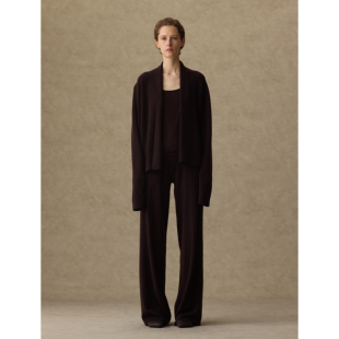 1436 x UMA WANG 山羊绒乌木棕色粗纺双畦秋冬极简短开衫