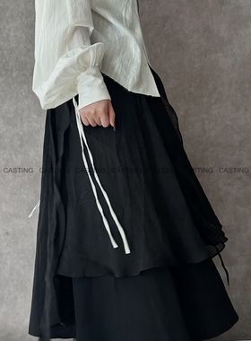 折扣A TENTATIVE ATELIER 真丝抽绳系带拼纱半身裙修身百搭中长裙