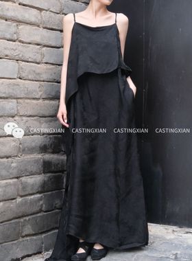 UMA WANG24秋冬黑色图腾提花双层多穿吊带一字领连衣裙