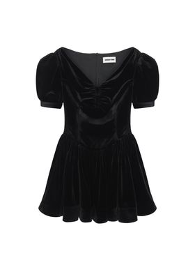 CASTING无隅｜SHUSHU/TONG 25AW 黑色丝绒泡泡袖抽褶V领连衣裙