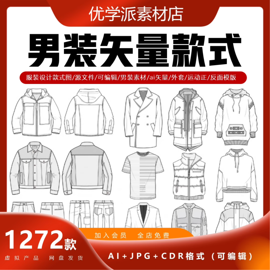 男装服装设计款式图西装外套衬衫正反面模版AI矢量源文件可编辑