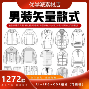 男装服装设计款式图西装外套衬衫正反面模版AI矢量源文件可编辑
