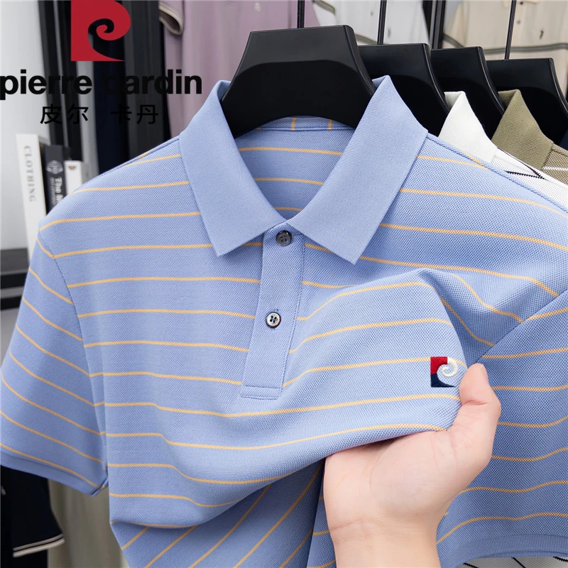 皮尔卡丹POLO衫男士短袖T恤夏季新款翻领商务条纹宽松半袖棉体恤