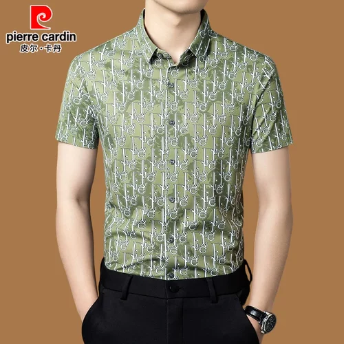 皮尔卡丹桑蚕丝男士潮流印花衬衣