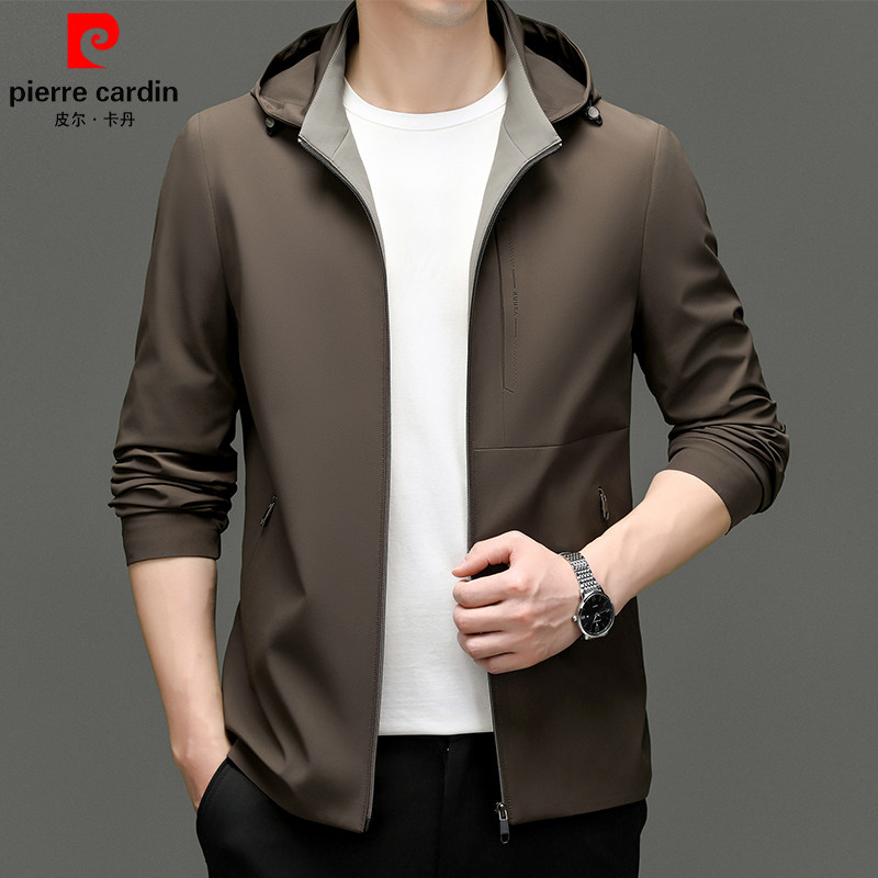 皮尔卡丹高档男士时尚连帽外套2026春秋季新款中年夹克上衣男装