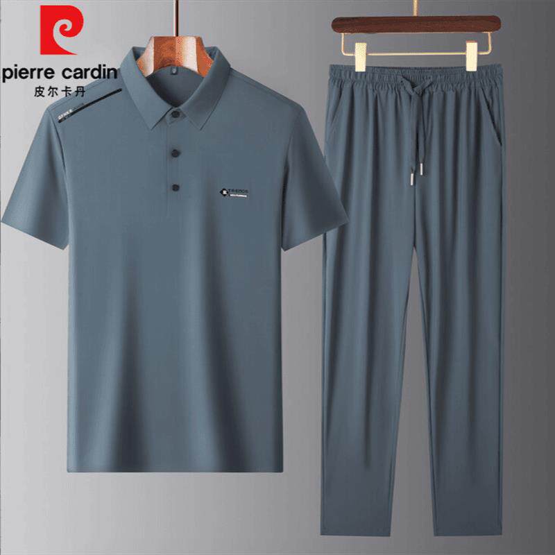 皮尔卡丹夏季新款男士桑蚕丝短袖套装休闲时尚无痕冰丝运动套装