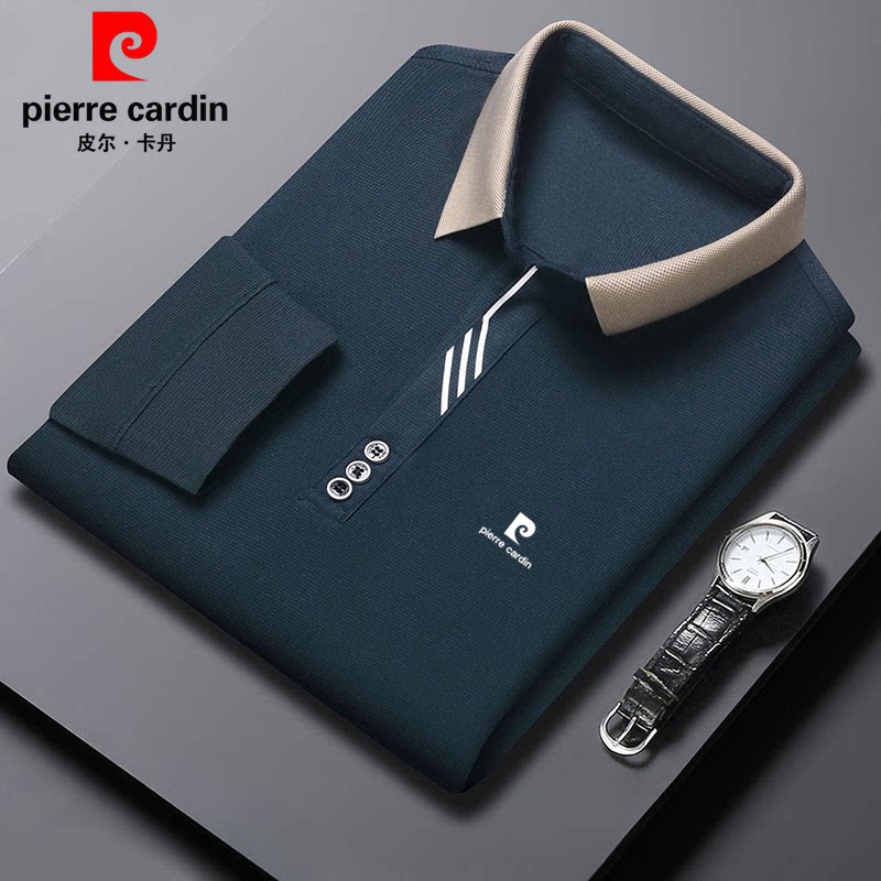 皮尔卡丹春季经典男士桑蚕丝薄款长袖POLO衫时尚商务休闲打底衫男