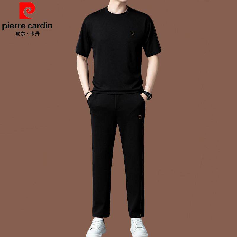 皮尔卡丹2024夏季新款冰丝短袖t恤两件套男中青年休闲运动服套装