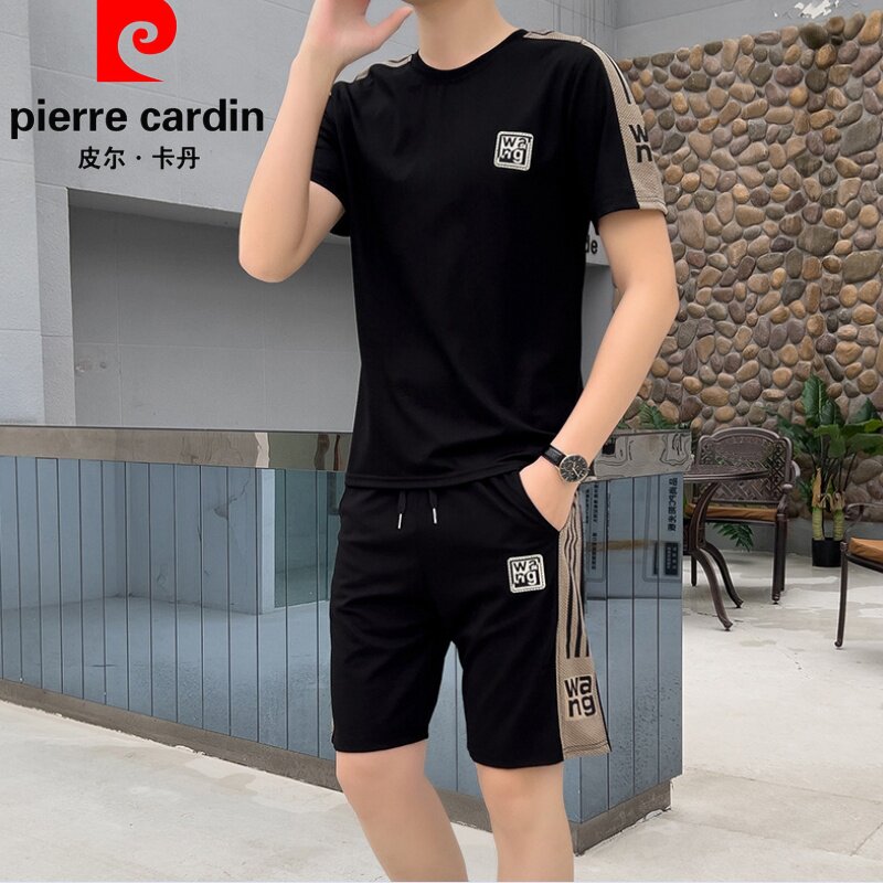 皮尔卡丹夏新款男士短袖T恤套装冰丝休闲运动短裤套装速干两件套