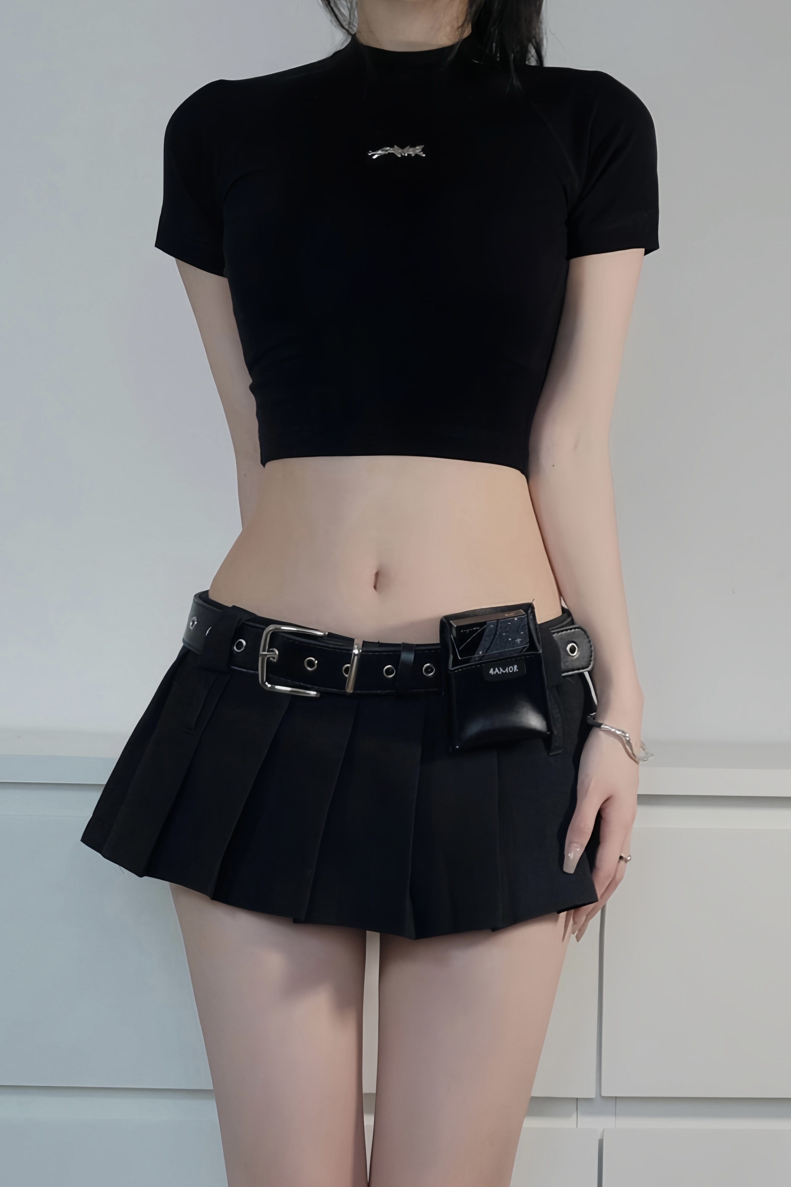 4Amor Project｜双腰黑色防走光低腰半身裙+腰带 祁山明栗子同款