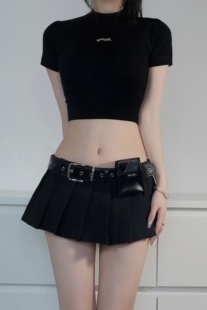 4Amor Project｜双腰黑色防走光低腰半身裙+腰带 祁山明栗子同款