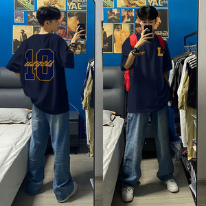 真维斯集团小领口藏青色纯棉t恤男夏季短袖cityboy印花慵懒上衣潮
