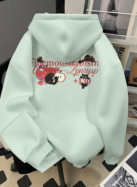 真维斯冬季新款多巴胺浅绿色chic连帽卫衣男女款休闲情侣加绒帽衫