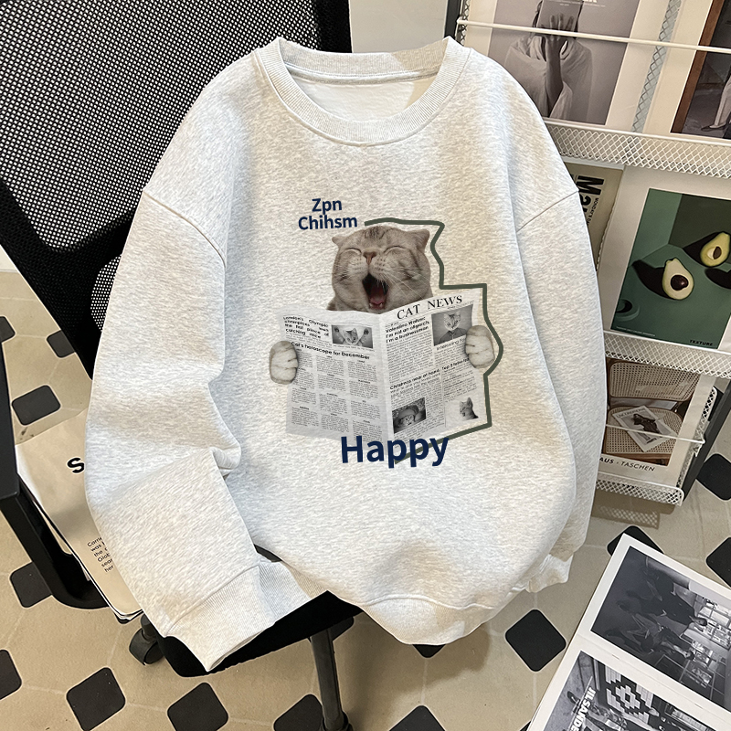 真维斯秋季薄款潮牌猫咪印花圆领卫衣长袖男女休闲花灰色个性外套