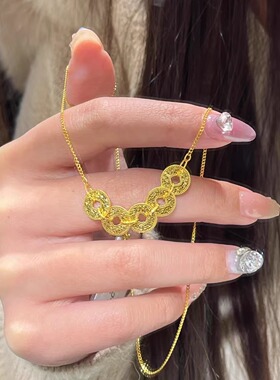 古法金包银五帝铜钱币吊坠女士项链爆闪碎冰冰盘缠钱多多送女友礼