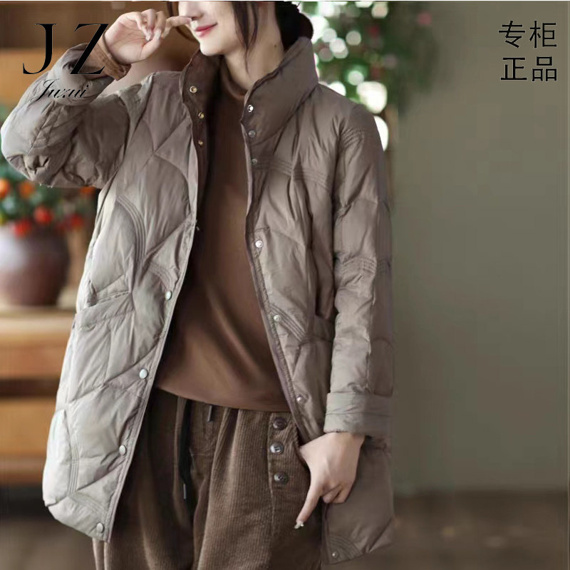 玖姿2023年冬季新款宽松休闲白鸭绒外套文艺中长款轻薄羽绒服女爆