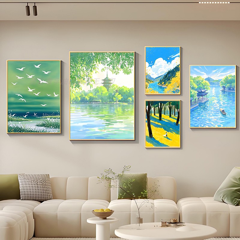 风景插画数字油画diy卡通填充涂上色手工涂鸦填充房间玄关装饰画