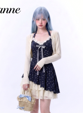 Zanne 蓝屿花叙 甜欲风挂脖连衣裙女初夏碎花裙海边度假小短裙子