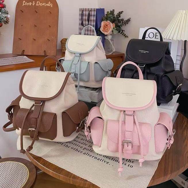 韩版时尚简约双肩包包女抽绳设计大容量学生书包精致百搭休闲背包