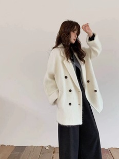 2025冬新款双面羊绒大衣女中款依手长山羊绒拉绒外套双排扣短大衣
